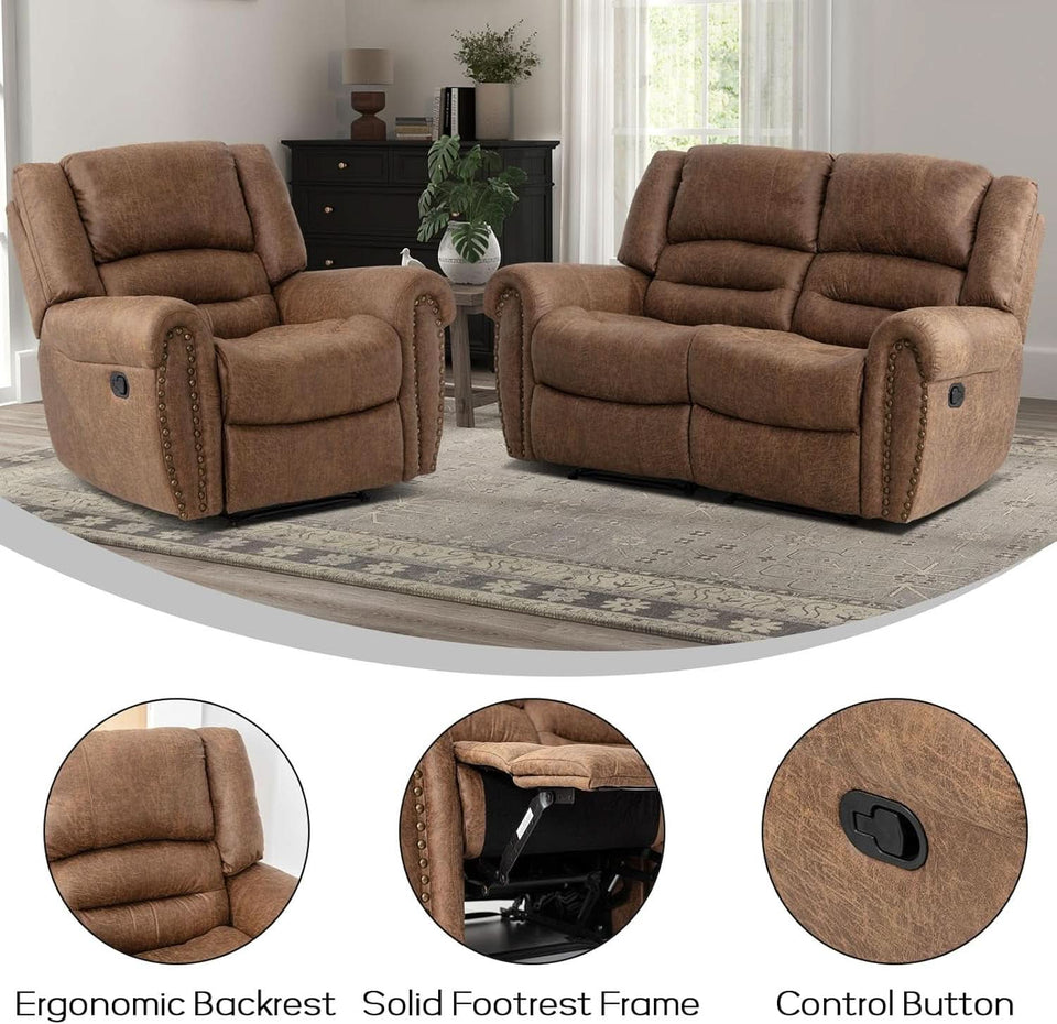 Brown Faux Leather Manual Recliner Sofa Set With Loveseat