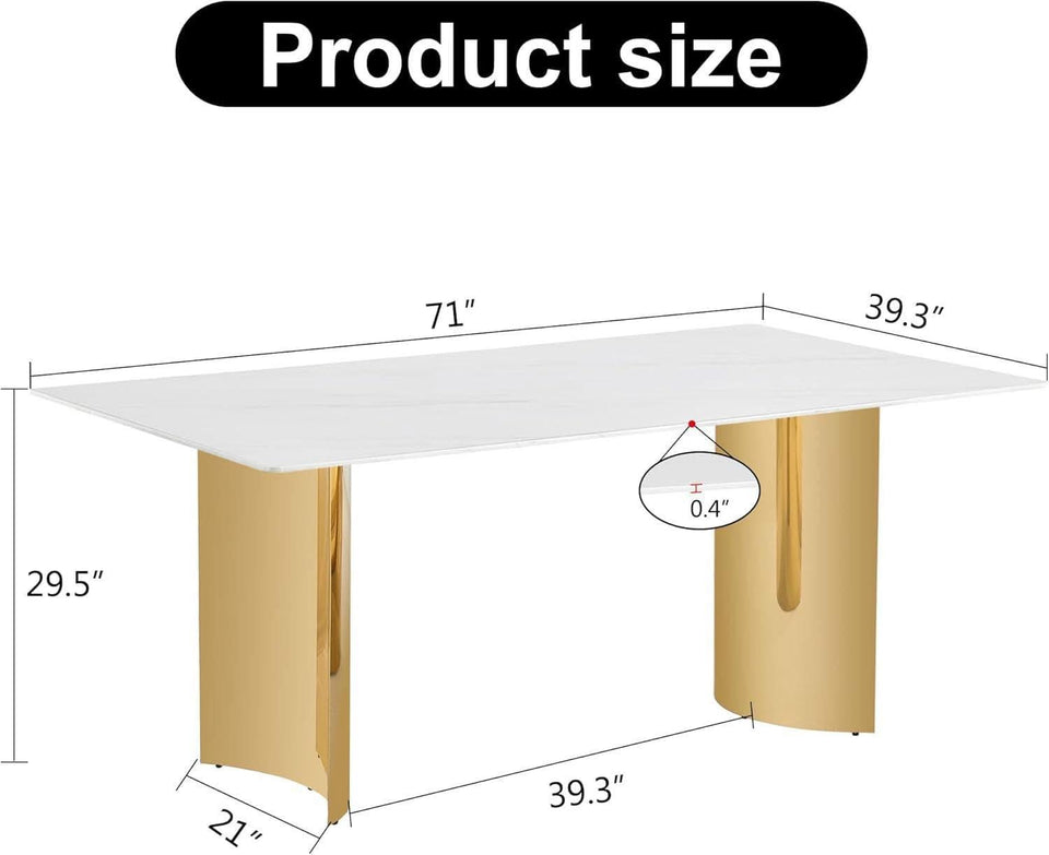 White Marble Dining Table 71 Inch Glass Top Gold Base