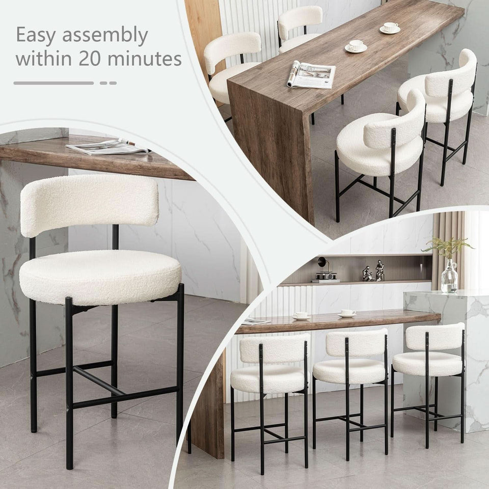 Boucle Bar Stools Set Of 3 24 Inch White Upholstered Counter Stools With Backs