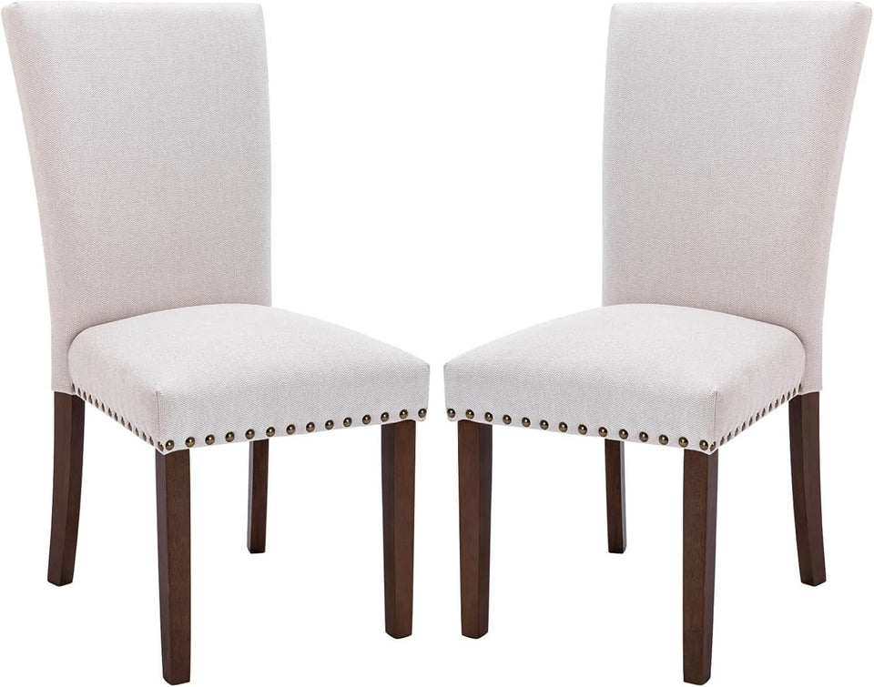 Beige Linen Upholstered High Back Counterheight Chairs