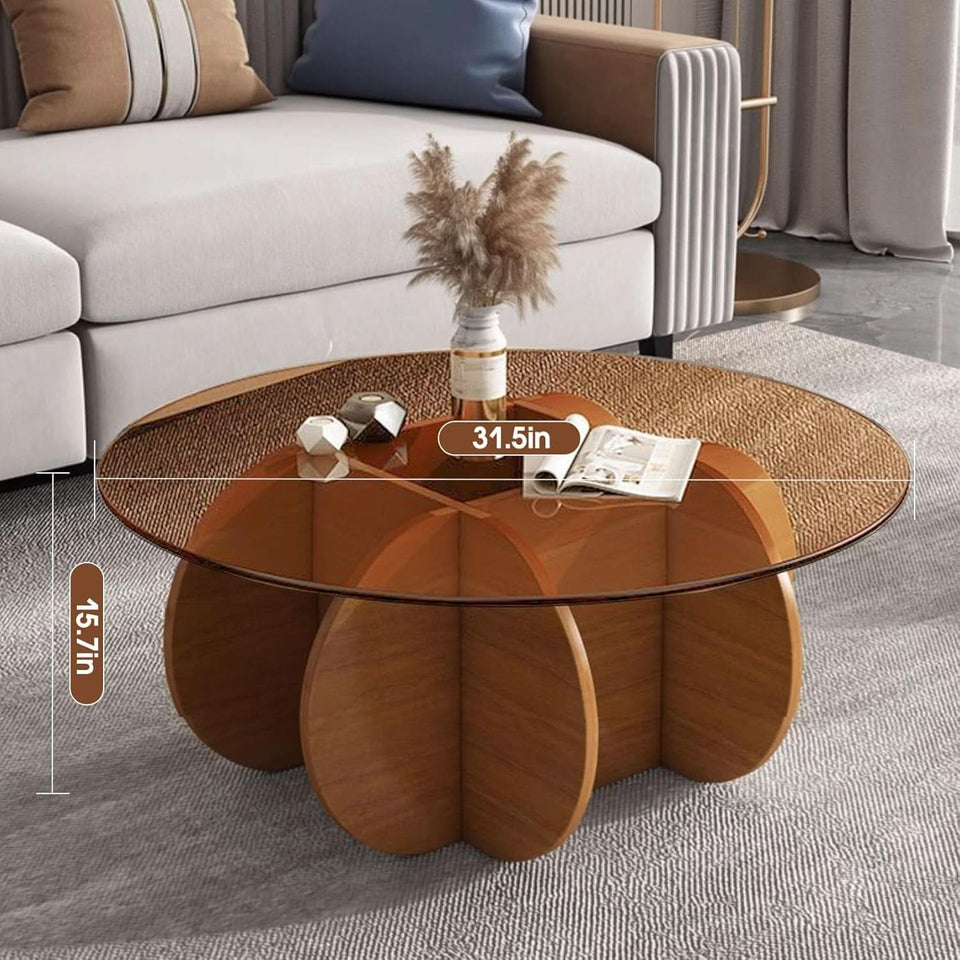 Contemporary Circular Glass Coffee Table Wooden Legs