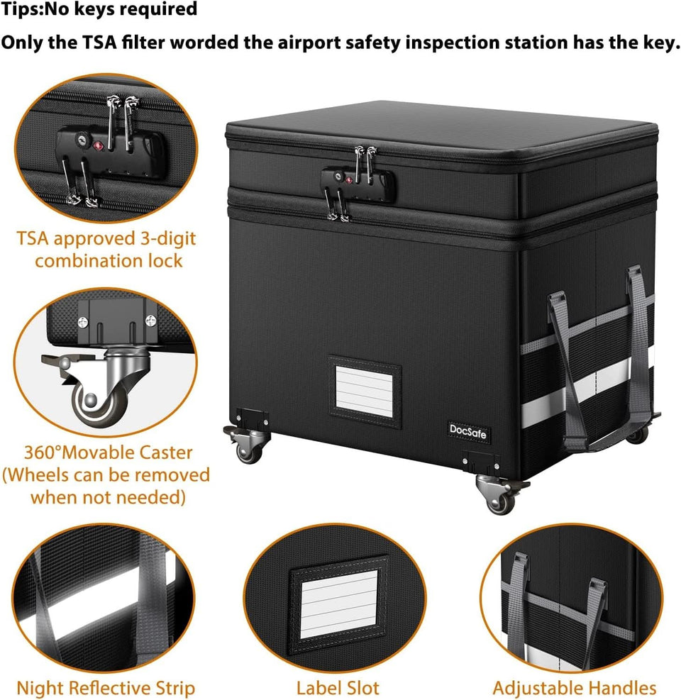 Fireproof File Box With Lock Wheels Rolling Portable