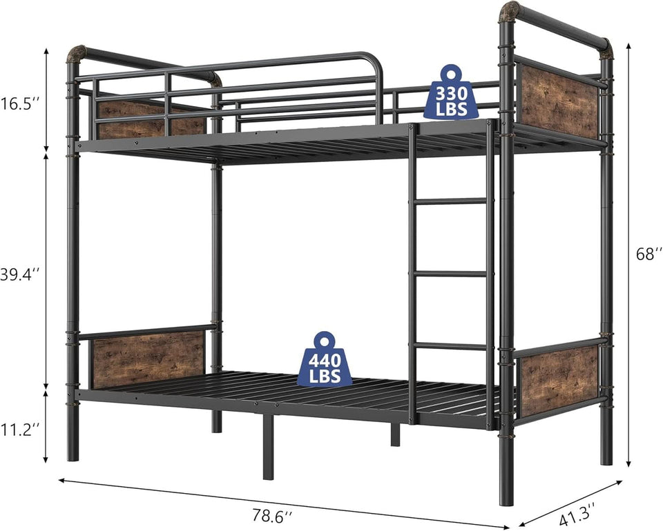 Metal Twin Over Twin Bunk Bed Vintage Brown Safety Rails