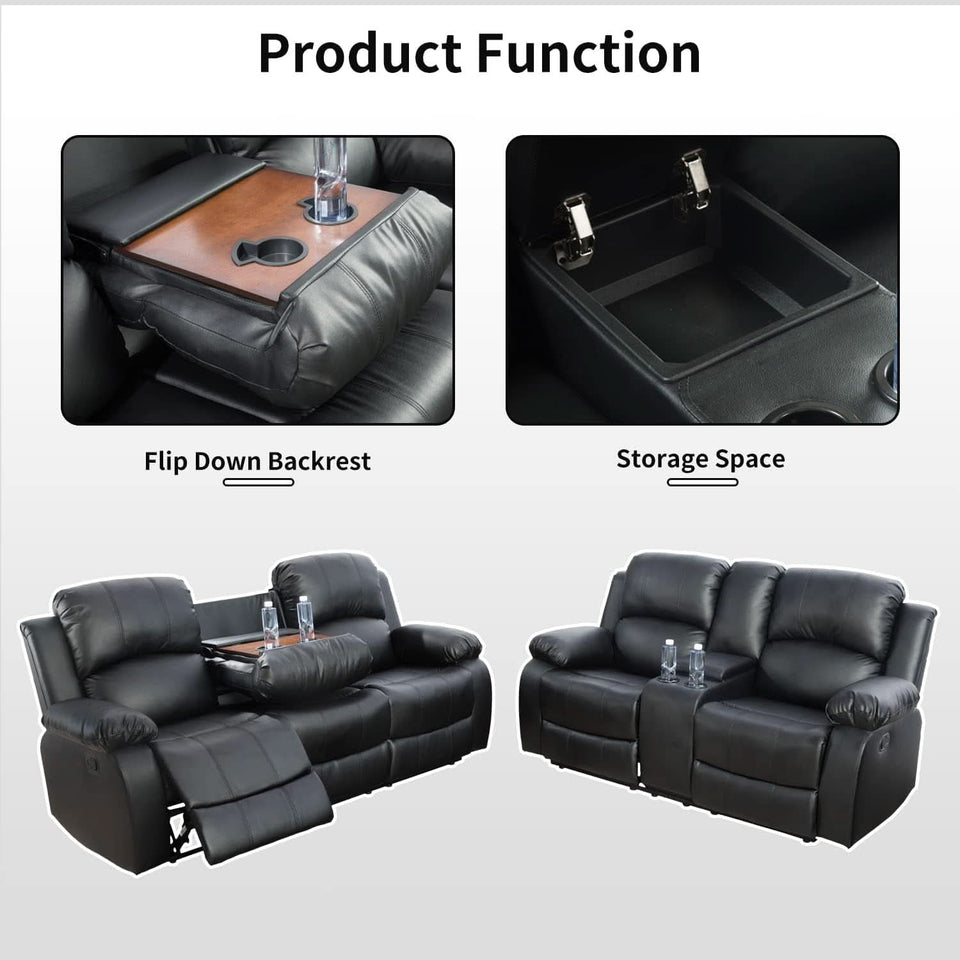 Black Recliner Sofa Set For Living Room Theater Seating