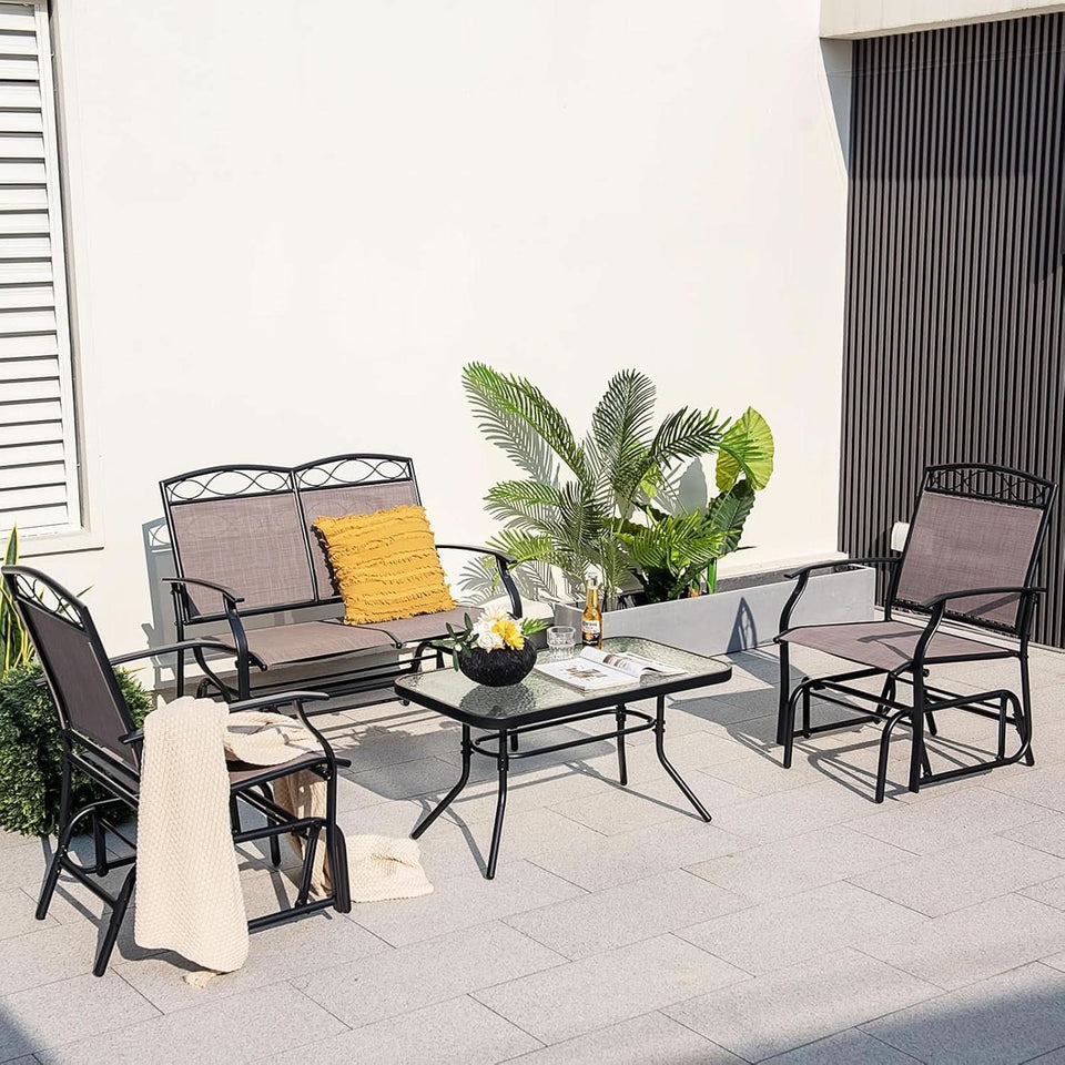 4 Piece Patio Glider Set With Gliding Loveseat Glass Table