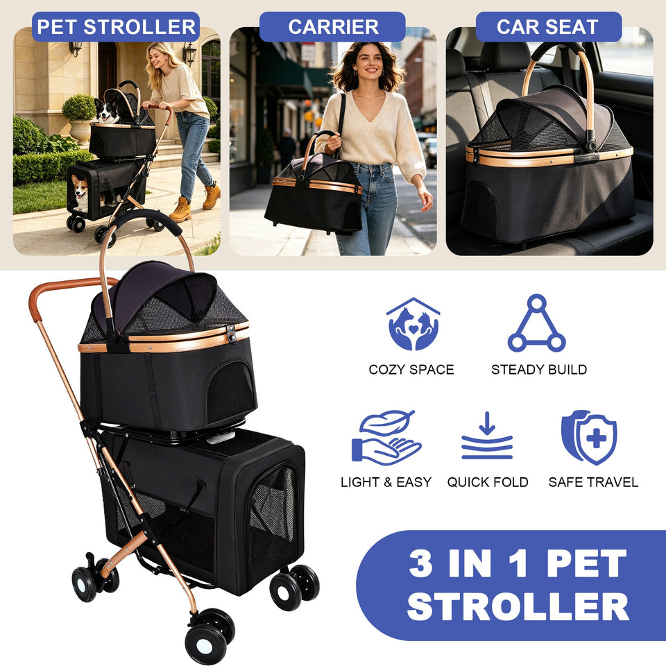 Double Pet Stroller for Small and Medium Dogs and Cats with Foldable Frame - Carbon-Steel