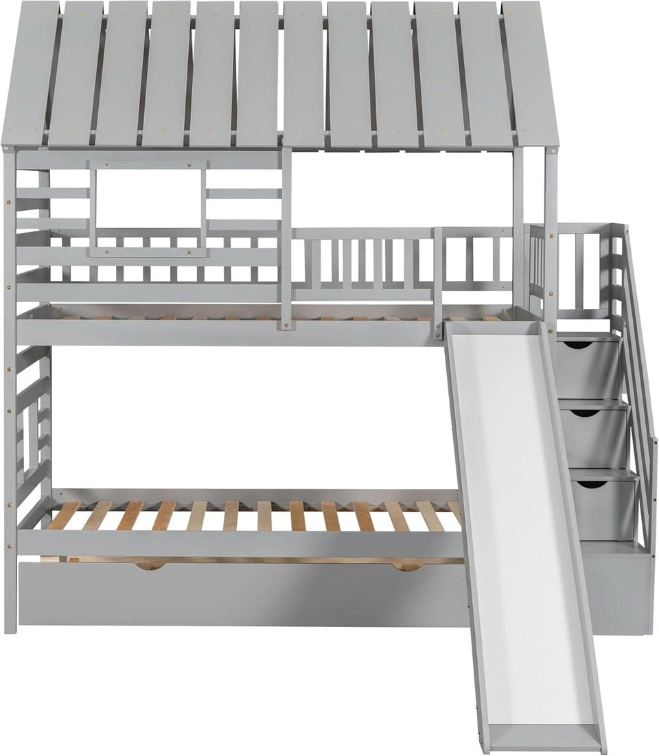 Twin Over Twin Bunk Bed With Slide For Kids Room Decor