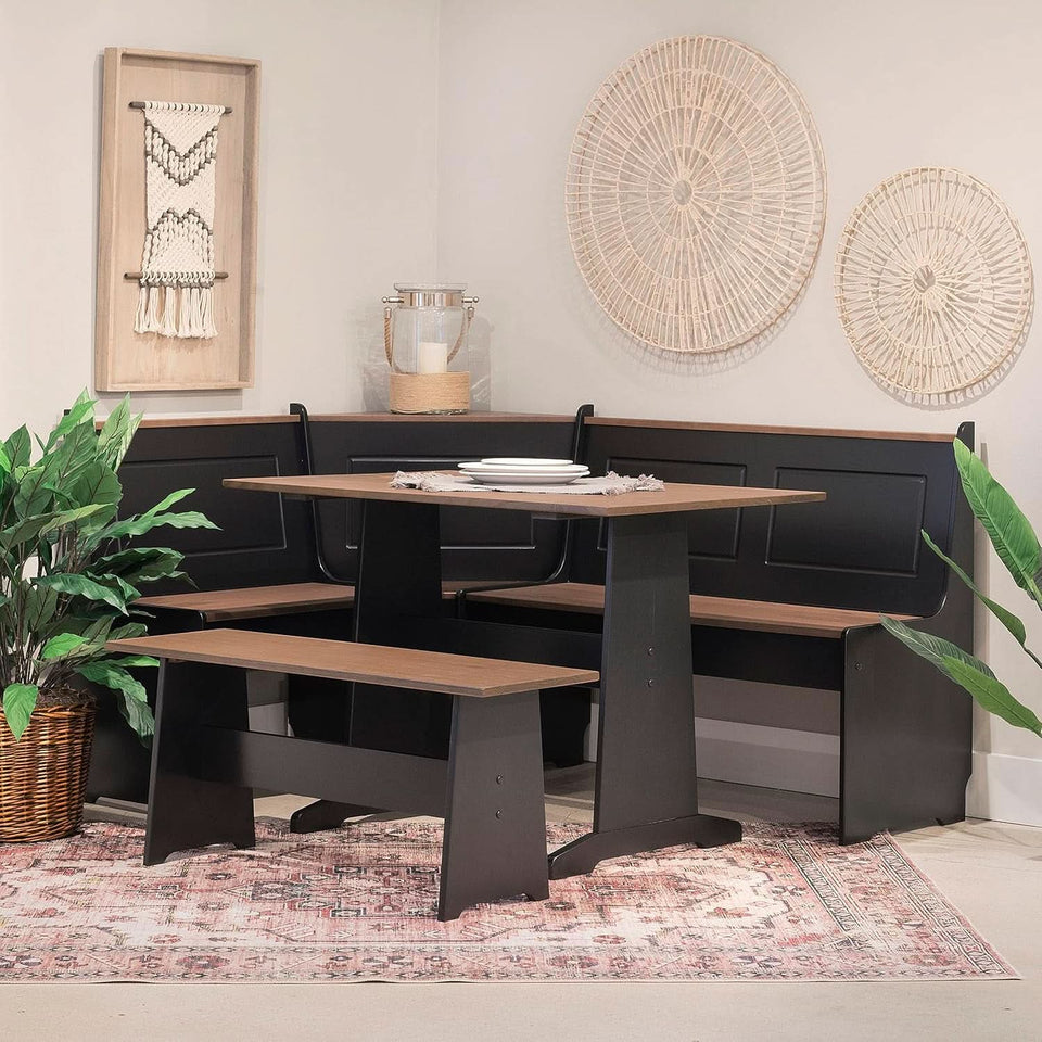 Black Pecan Five Seat Dining Set With Storage Benches