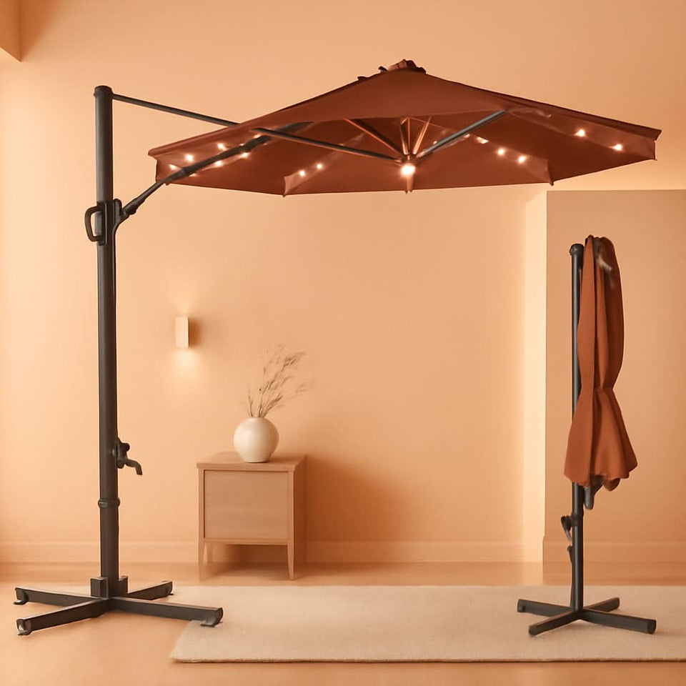 10Ft Solar LED Cantilever Patio Umbrella With 360 Degree Rotation And Integrated Lights 10Ft Solar LED Cantilever Patio Umbrella With 360 Degree Rotation And Integrated Lights