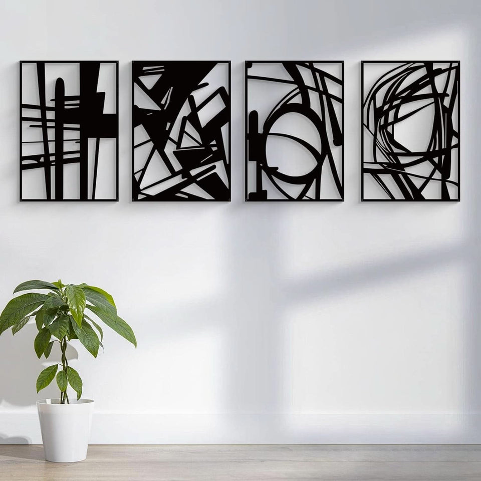 Black Abstract Metal Wall Art 4 Pack Minimalist 3D