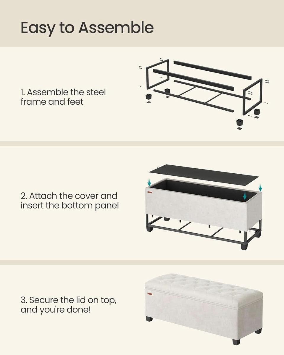 Cream Velvet Textured Storage Ottoman Bench 43Inch