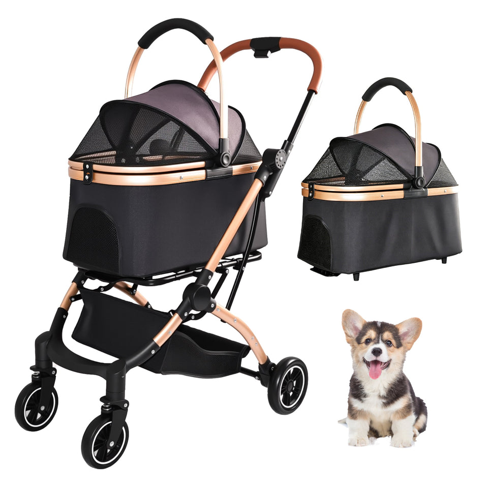 2-in-1 Foldable Pet Stroller with Detachable Carrier and Sun Canopy - Gray