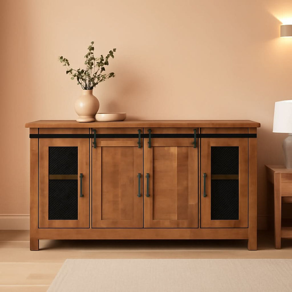 65 Inch Solid Wood TV Stand Honey Tobacco With Rustic Doors