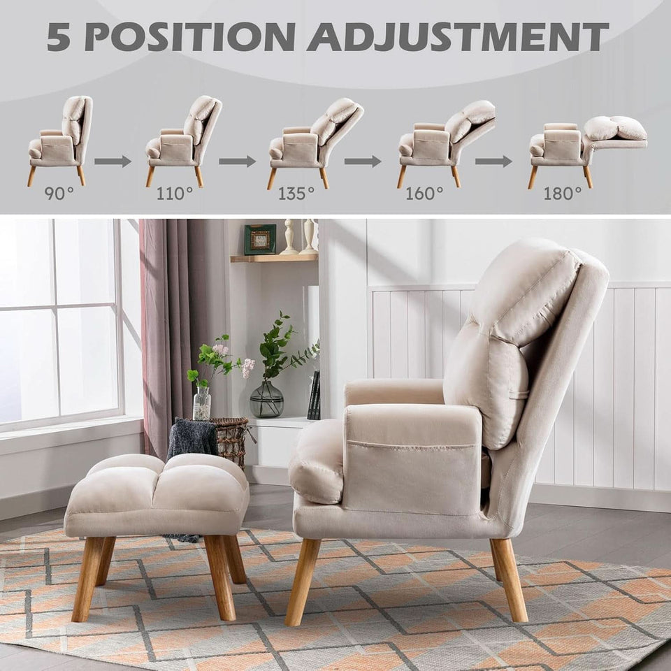 Beige Accent Chair With Ottoman Adjustable Backrest
