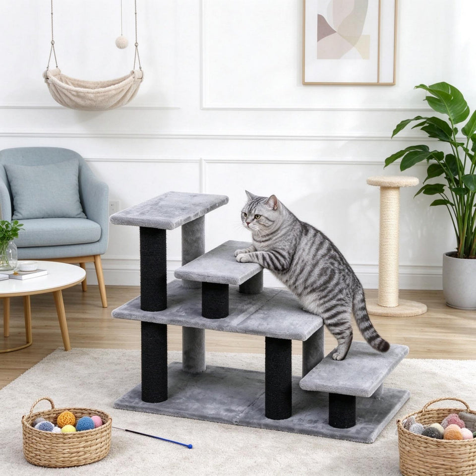 Modular Pet Cat Stairs with Flexible Setup - Particleboard & Plush, Gray/Black