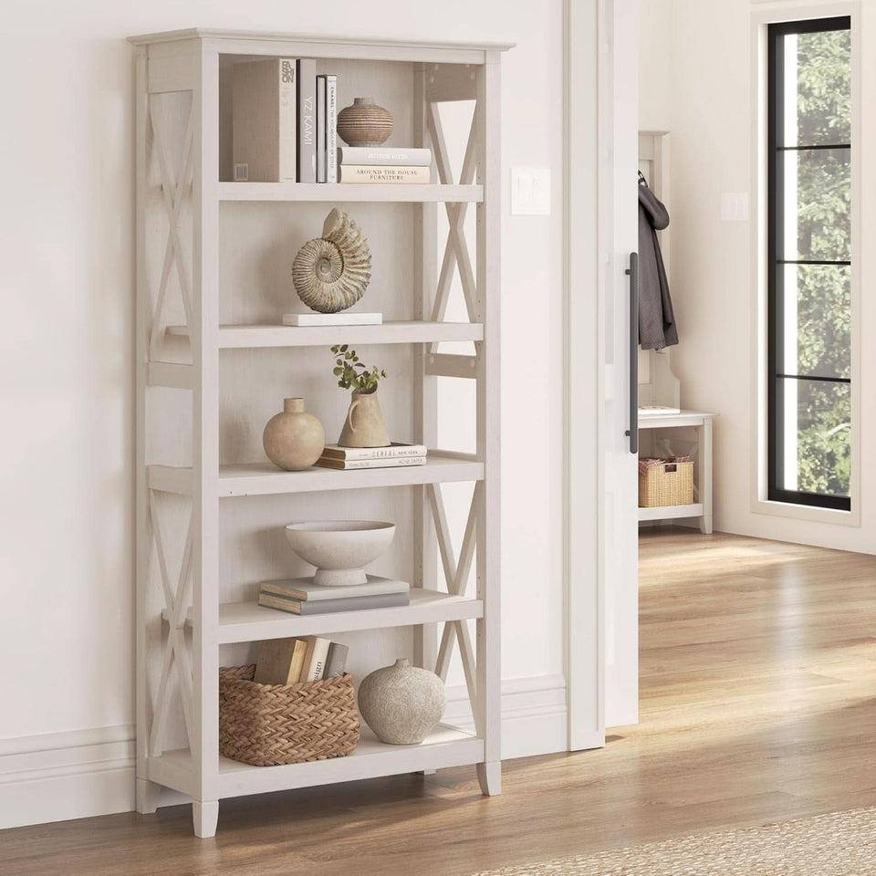 Tall 5 Shelf Bookcase Linen White Oak Modern Farmhouse