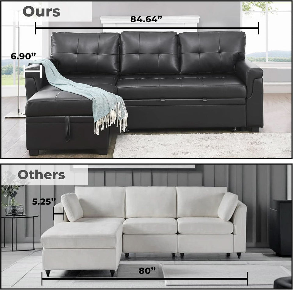 Jenny Sectional Sleeper Sofa With Storage Chaise In Black Air Leather