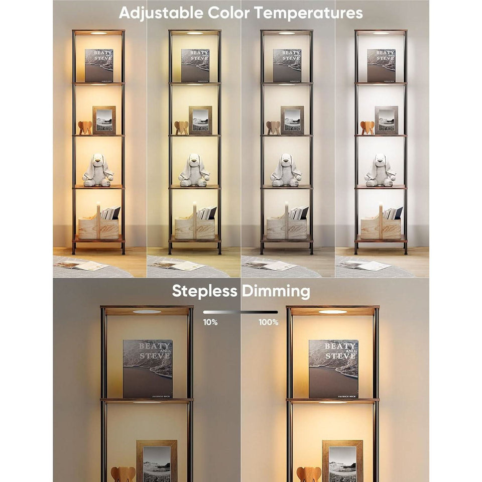 Display Shelf With RGBW Light Floor Lamp 5 Tier Brown
