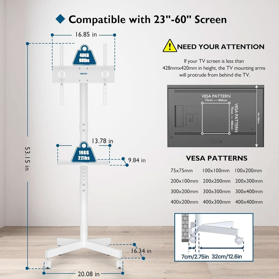Mobile TV Stand For 23-60 Inch TVs Adjustable Height Locking Wheels White