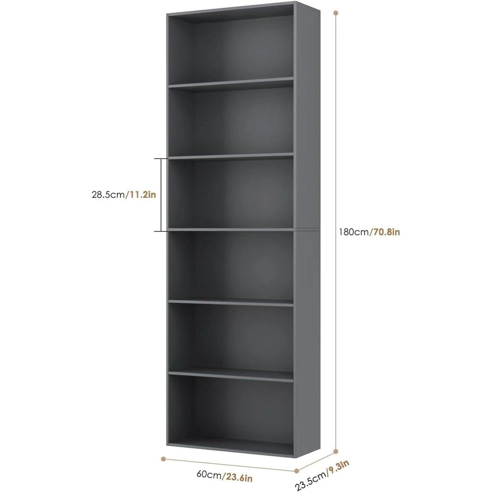 Six Tier Open Bookcase Freestanding Dark Gray Storage
