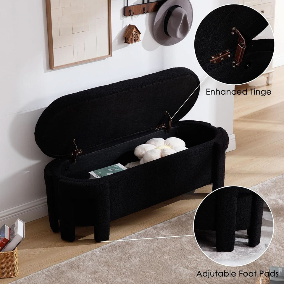 FiftyInch Sherpa Black Upholstered Storage Bench Ottoman