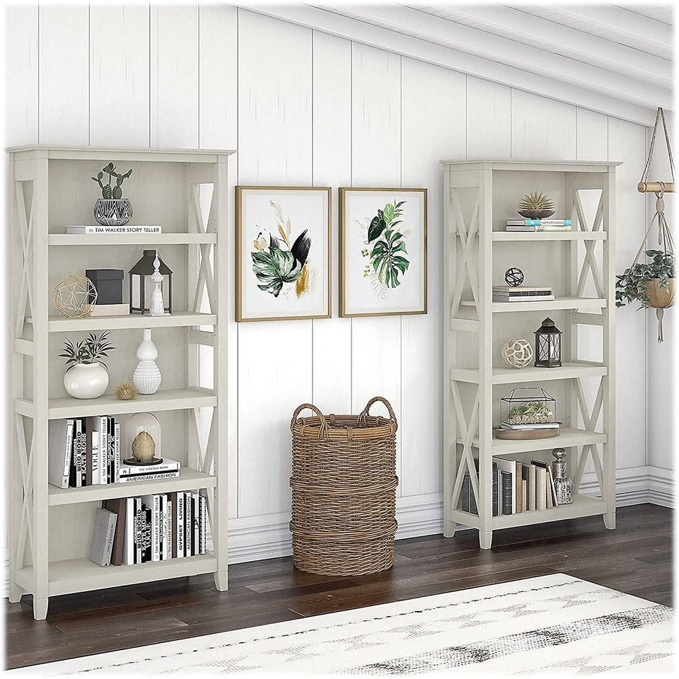 Linen White Oak 5 Shelf Bookcase Set 2 Tall 66H 32W 13D
