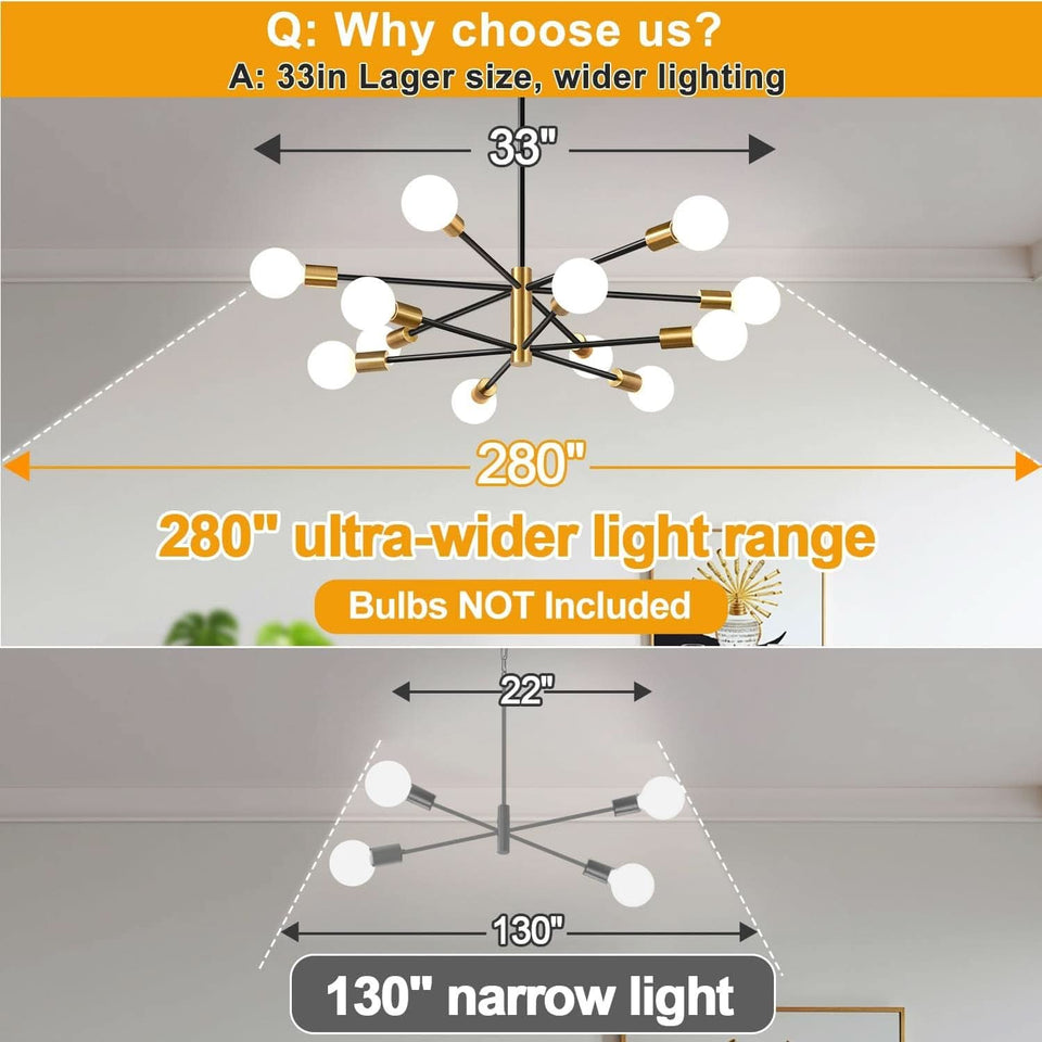 33 Inch Modern Black Gold Chandelier 12 Light Adjustable