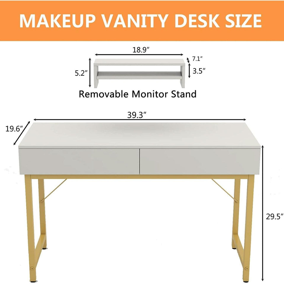 White Home Office Desk With Drawer And Monitor Stand