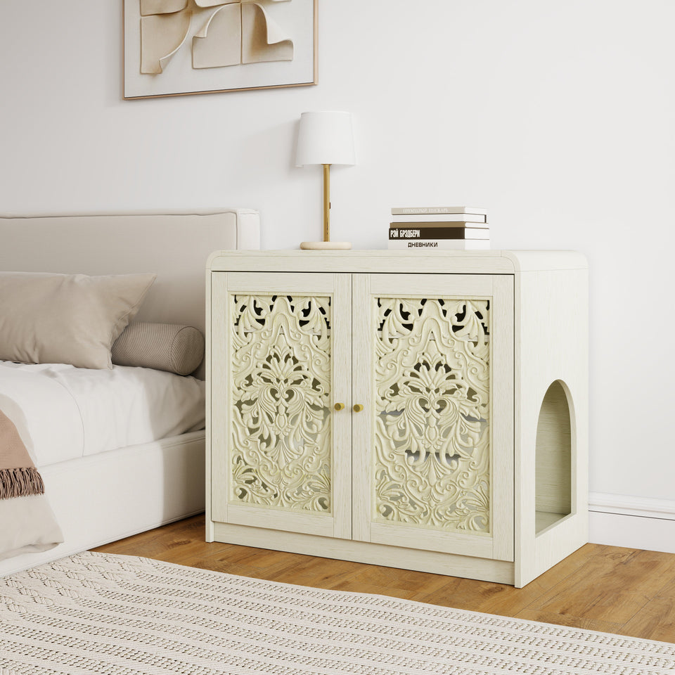 Antique White Pet Litter Box Cabinet with Ventilation - Engineered Wood