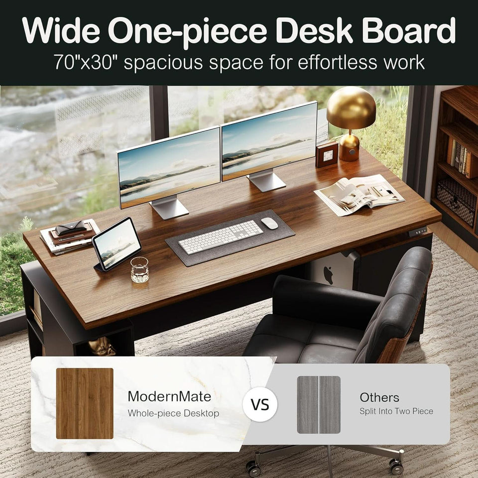 Walnut Seventy OneInch Height Adjustable Standing Desk Cabinets