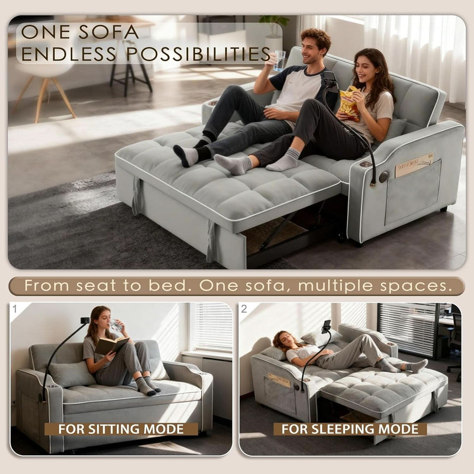 Grey Convertible Sleeper Loveseat Bed With ThreeInOne