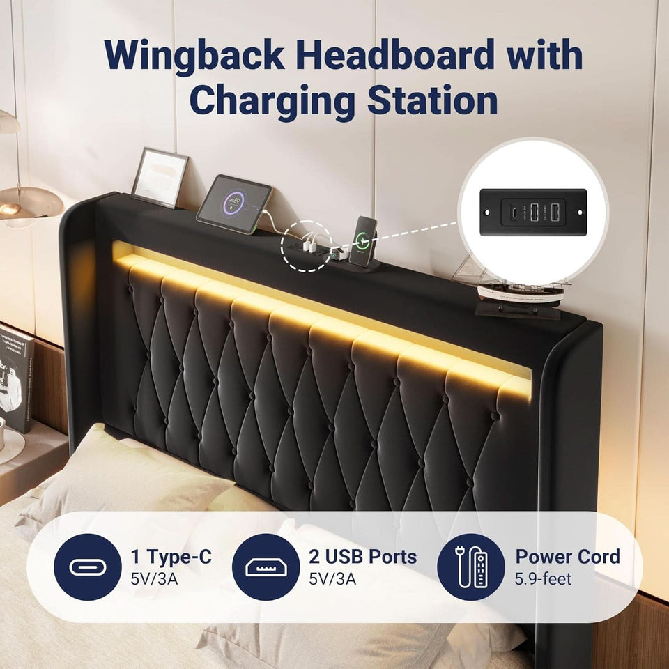 Full Size Bed Frame LED Lighting And USB Charging Black