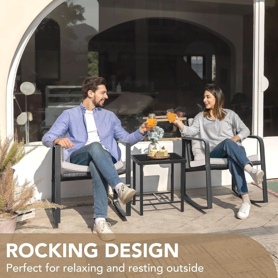 Beige 3 Piece Rocking Patio Bistro Set With Tempered Glass Coffee Table For Outdoor Furniture