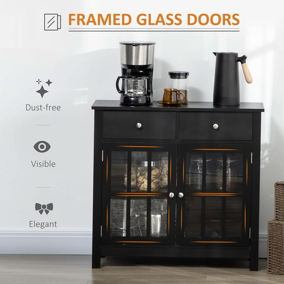 Black Glass Doors Sideboard Buffet Cabinet With Drawers