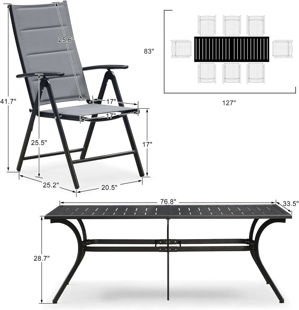 Grey 9 Piece Outdoor Patio Dining Set With 8 Folding Chairs And Aluminum Table
