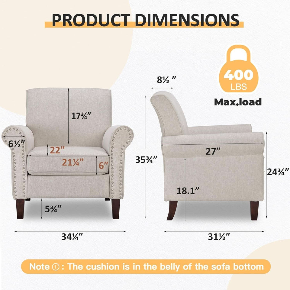 Beige Mid Century Modern Accent Chair Nailhead Trim