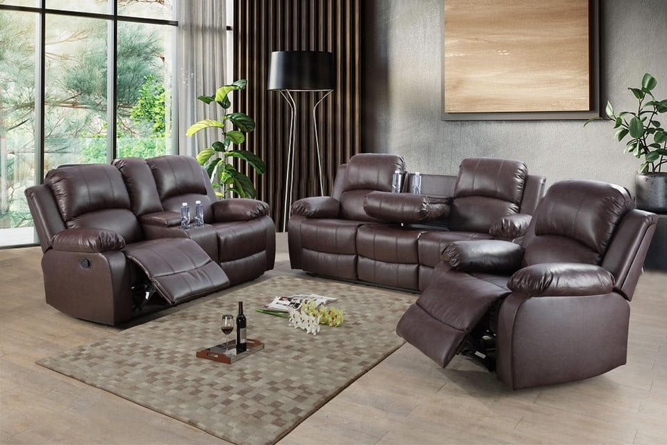 Brown Faux Leather Reclining Living Room Set Sofa Loveseat Chair