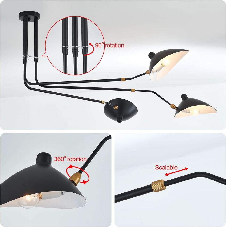 Matt Black Three Arm Adjustable Pendant Light Chandelier