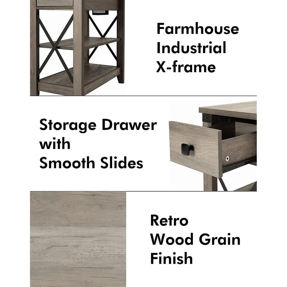 Farmhouse Slim End Table With USB Charging Station