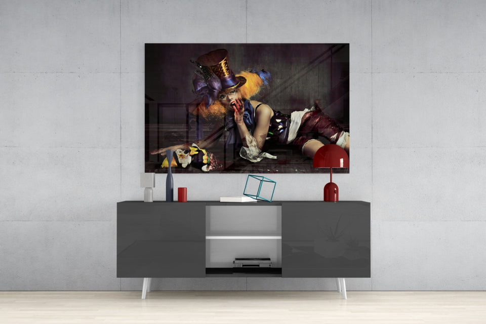 Reclining Circus Jester Woman Glass Wall Art