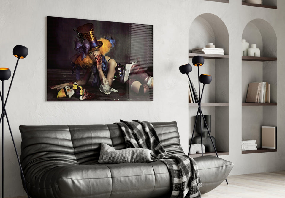 Reclining Circus Jester Woman Glass Wall Art
