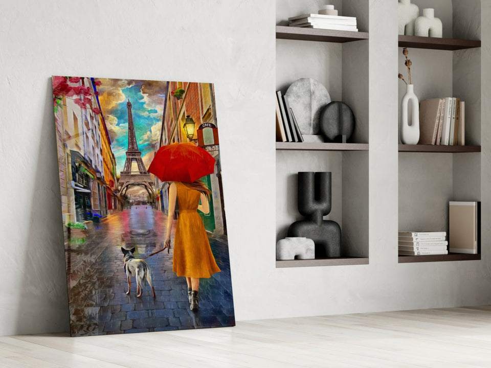 Orange Dress Woman Red Umbrella Paris Glass Wall Art