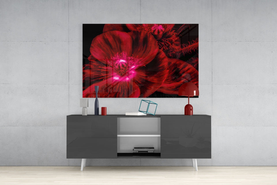 Crimson Poppy With Magenta Center Glass Wall Art