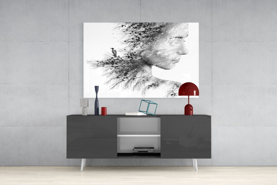 Black And White Tree Branch Woman Profile Glass Wall Art
