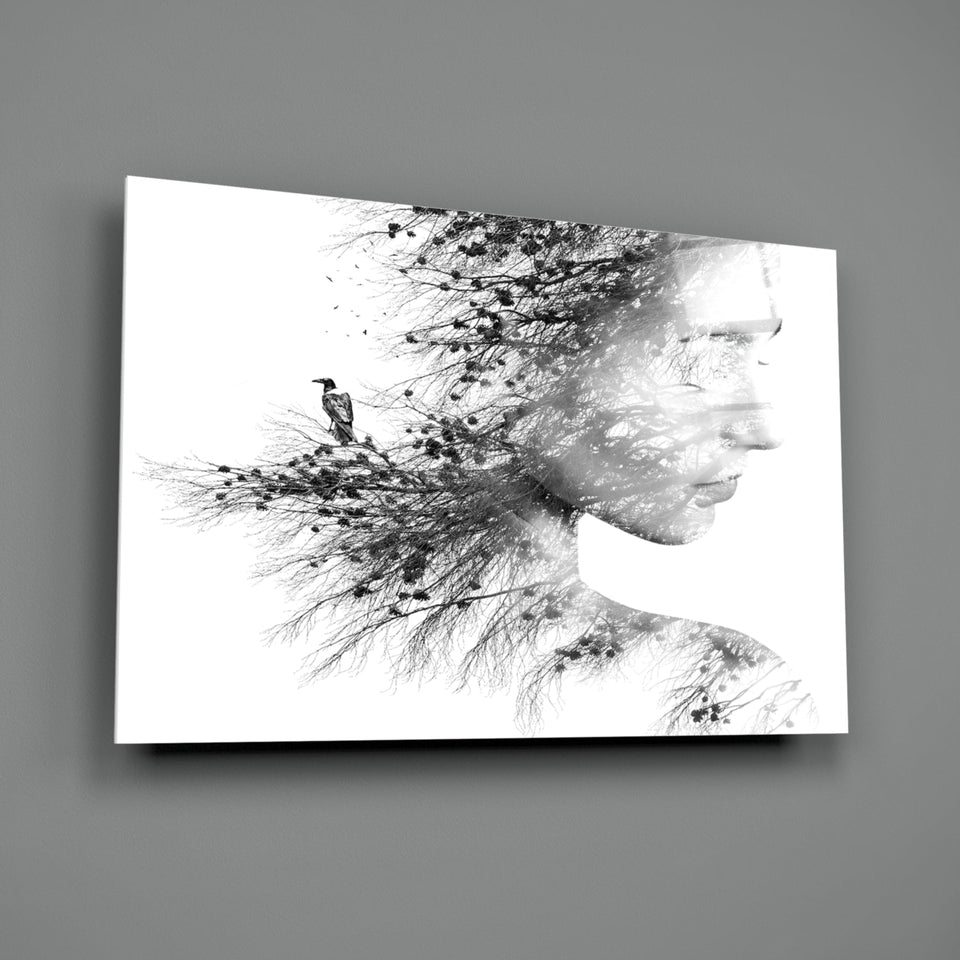 Black And White Tree Branch Woman Profile Glass Wall Art