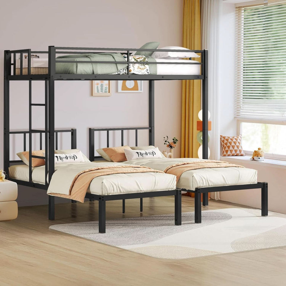 Triple Bunk Bed For 3 With Guardrails And Integrated Ladder