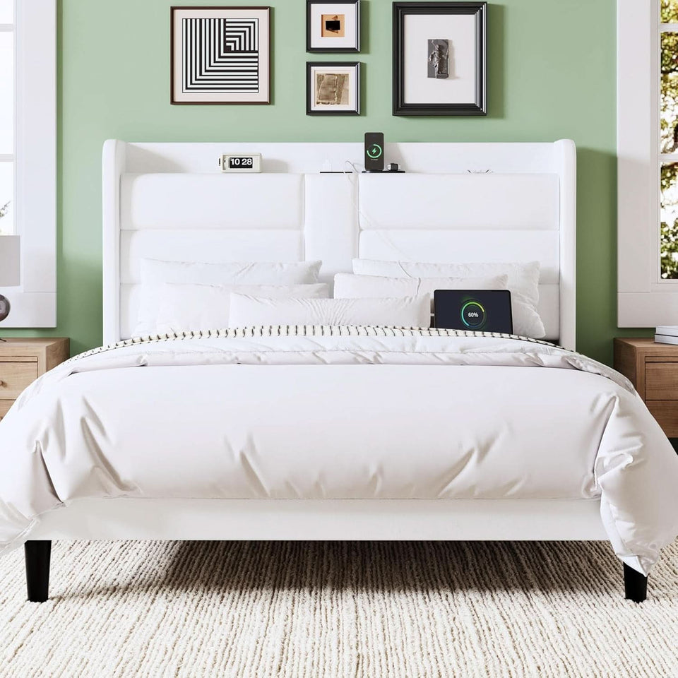 Full Size Platform Bed Frame With USB Charging Station And Storage Headboard