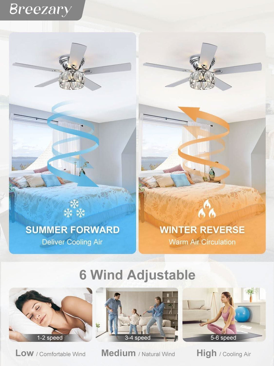 52 Inch Flush Mount Ceiling Fan With Remote LED Crystal Lighting