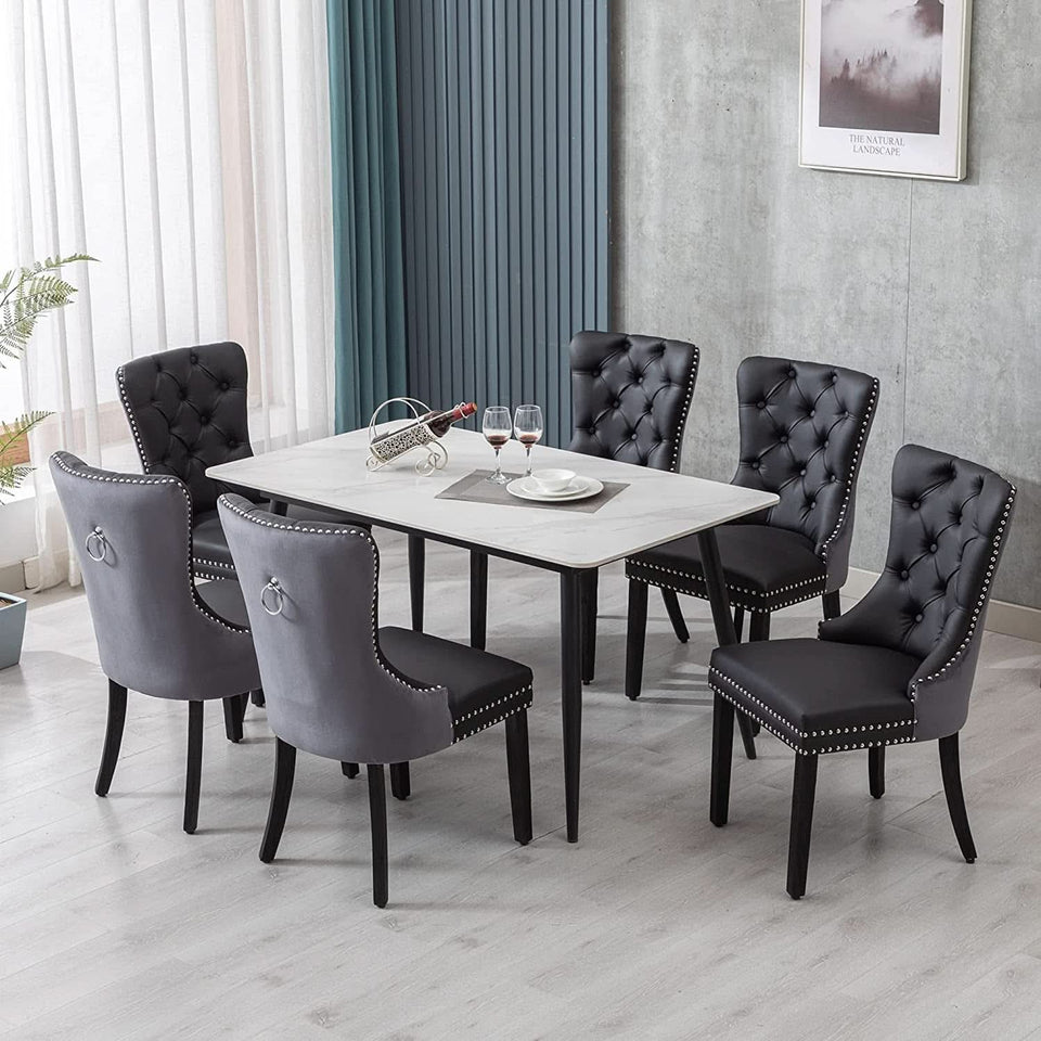 Black And Dark Grey Velvet Dining Chairs Set Of 6 With Nailhead Trim Pull Ring