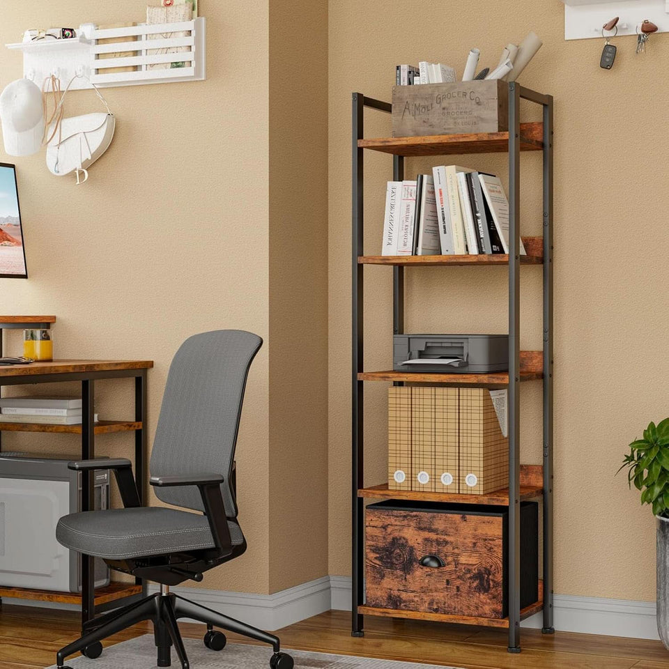 5 Tier Bookshelf With Drawer Tall Narrow Wood Bookcase